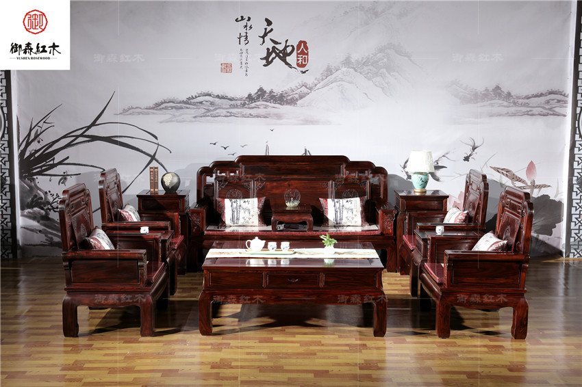 红木沙发-黑酸枝国色天香沙发11件套组合-红木家具