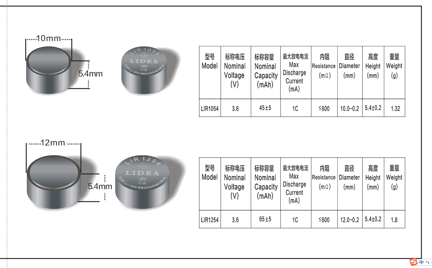 TWS真无线LIDEA品牌LIR1054蓝牙耳机纽扣电池