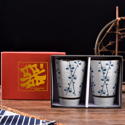 新品中秋送礼手绘青花陶瓷杯 日式釉下彩马克杯对杯套装