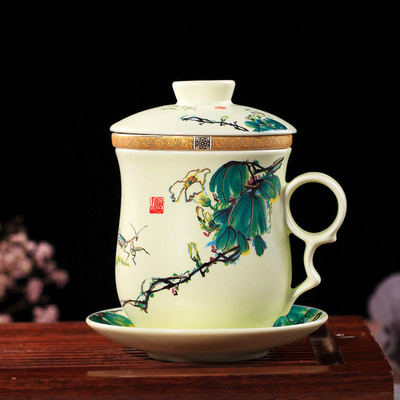 陶瓷过滤带盖水杯 青花瓷老板杯瓷器杯 个人办公会议礼品杯定制