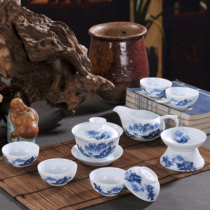 手绘青花瓷玲珑功夫茶具 家用冰晶蜂窝镂空陶瓷盖碗茶壶