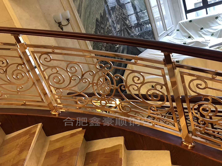 合肥别墅铜楼梯铜雕刻镀金室内扶手包测量安装安徽鑫豪顺铜铝厂家