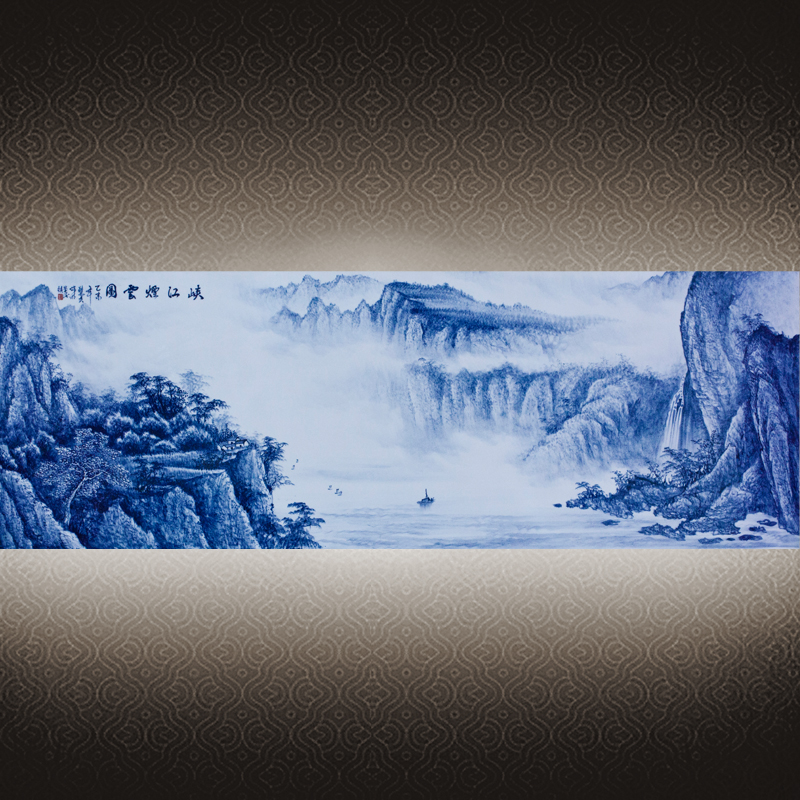 中式手绘室内装饰青花粉彩壁画 工厂来图定制批发***