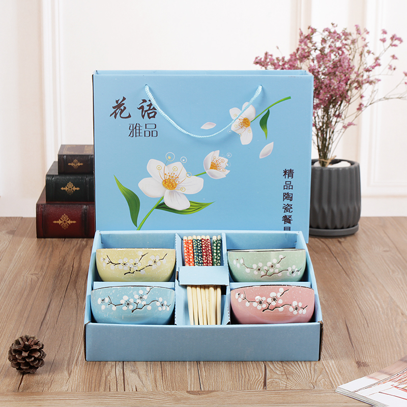 厂家***雪花碗花语碗筷套装陶瓷碗套装碗筷礼盒装可加印LOGO