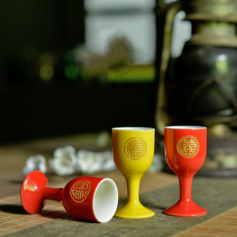 中式复古酒杯 家用结婚交杯敬酒杯 陶瓷仿古高脚酒杯